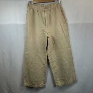 Gap Small Petite Linen Blend Cropped Wide Leg Pant Brown Khaki Elastic Waist